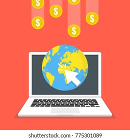 Make money online concept. Laptop, mouse cursor, gold coins. Flat vector illustration.