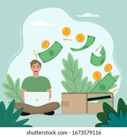 Make money online concept. Man with laptop work. Vector illustration in flat style