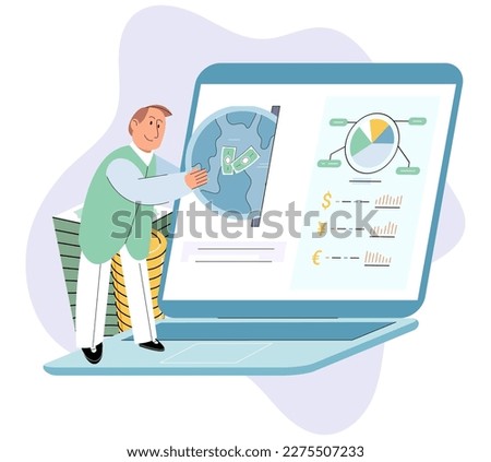 Make money online concept. Man with laptop work with data invests bankroll in global economy. Businessman puts coins in piggy bank on computer monitor. Financial success in business and wealth