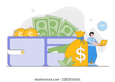 Haz dinero en el concepto online. Joven trabajando con laptop para ganar ingresos o ganancias. Estilo de diseño de contorno ilustración vectorial mínima para página de inicio, banner web, infografías, imágenes de héroe.