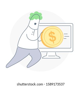 Make money online, earn online. Monitor and man with a coin. Business concept. Line vector Illustration on white.