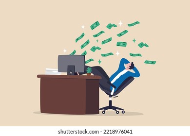 Make money online, earn passive income from internet job or side hustle, make profit or earning from investment or stock trading, easy money concept, rich businessman relax making money from computer.