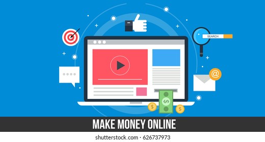 Make money on-line, e-business concept vector illustration on blue background