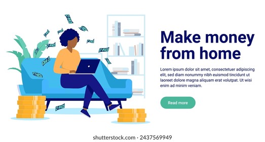 Make money online from home vector banner - Illustration of woman working on computer and money raining down in flat design with white background and copy space for text