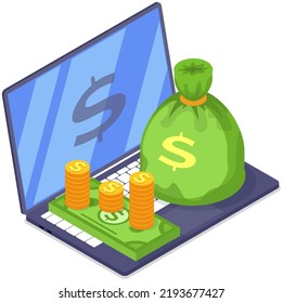 Make Money Online With Laptop And Internet, Getting Paid From Computer. Opened Laptop, Bag With Cash And Gold Coins. Excellent Income And Wages. Successful Paying Jobs Or High Salary Career