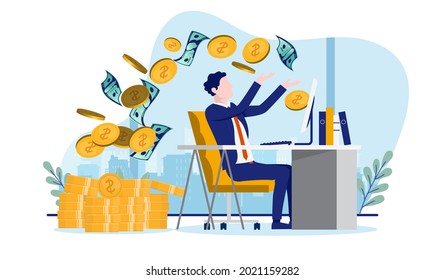 Make money online - Man celebrating making earnings from internet work. Passive income concept, vector illustration with white background