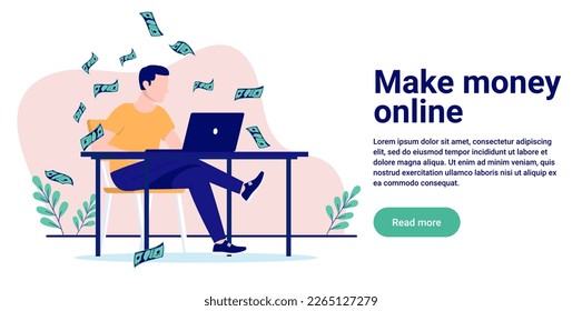 Make money online - Person sitting at desk with computer making lots of paper money. Flat design vector illustration with white background and copy space