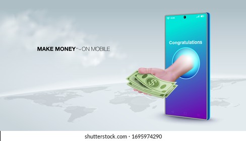 Make Money Online With A Smart Phone Business Concept. Sell ​​online, Transfer Money, Make Payments, Make Deposits, Work Anywhere In The World.