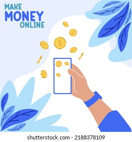 ganar dinero en línea con smartphone, computadora. ilustración de concepto de negocio, fondo de banner de diseño plano, afiche, medios sociales