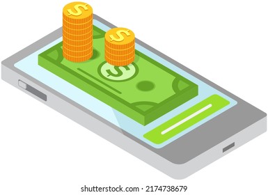 Make Money Online With Smartphone And Internet, Getting Paid From App. Pile Of Dollars Bills On Mobile Phone Screen. Excellent Income And Wages. Successful Paying Jobs Or High Salary Career