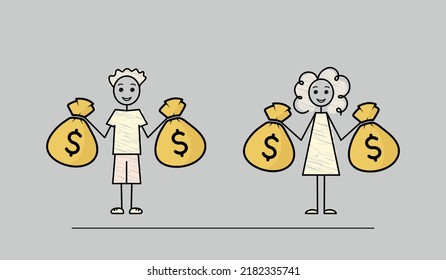 Make Money, Rich Male And Female Characters Holding Money Bags, Teens Boy And Girl With Money Sacks Sketch, Black Line Doodle Vector Illustration