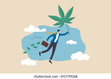 Make money and rich with marijuana CBD oil or cannabis business, invest and earn millions in cannabis stocks concept, rich man flying with cannabis leaf holding suitcase full of money banknotes. 