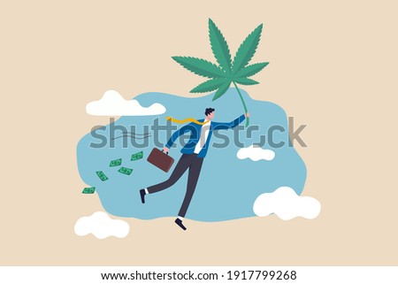 Make money and rich with marijuana CBD oil or cannabis business, invest and earn millions in cannabis stocks concept, rich man flying with cannabis leaf holding suitcase full of money banknotes. 