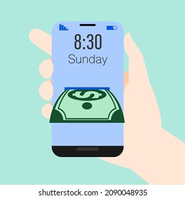 Verdienen Sie mit dem Smartphone Geld. Konzept der Online-Arbeit per Handy. Vektorgrafik-Flachdesign