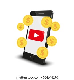 Make money with video content through mobile phone, vector illustration
