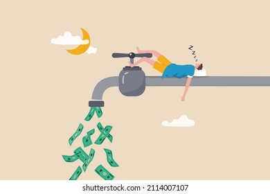 Make money while sleeping, passive income streams with side hustle, dividends, property rental or investment profit concept, rich young man sleeping at night on pipe faucet with money banknote flow.