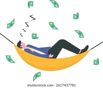 Make money while sleeping, passive income streams with side hustle, dividends, property rental or investment profit concept, rich young man sleeping at night on pipe faucet with money banknote flow.

