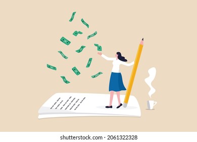 Make money from writing blog online, monetize content, get income or earning from affiliate links concept, success freelance woman blogger or writer catching money banknotes fall from the sky.