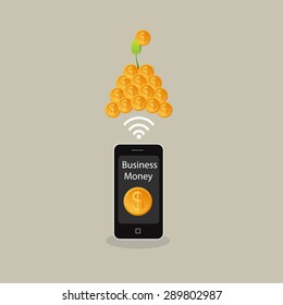 Make Moneys from Mobile phone. Business growing money concept. The pile of money. Vector illustration