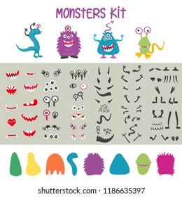 Make a monster icons set, with alient eyes, mouths, horns, wings and hand body parts. Vector illustration