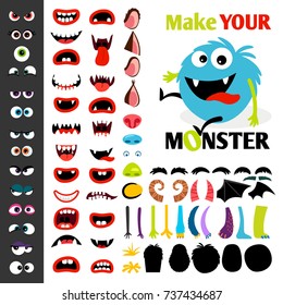 Make a monster icons set, with alient eyes, mouths, ears and horns, wings and hand body parts. Vector illustration