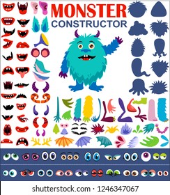 Make A Monster Icons Set, With Eyes, Mouth, Ears And Horns, Paws, Wings And Hand Body Parts. Vector Illustration