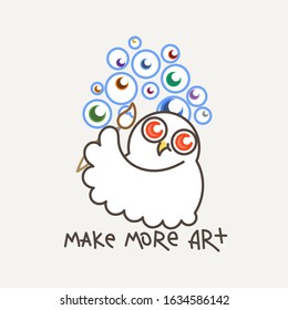 Make more art. Cute owl in line style with quote. Print for poster, t-shirt, logo, stiker, textile or bags. Vector illustration