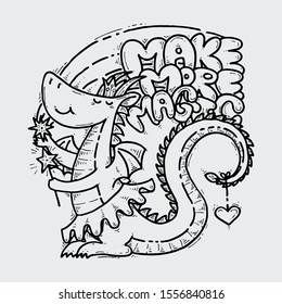 Make More Magic. Cute cartoon princess dragon with mistery wand, doodle childish vector illustration.