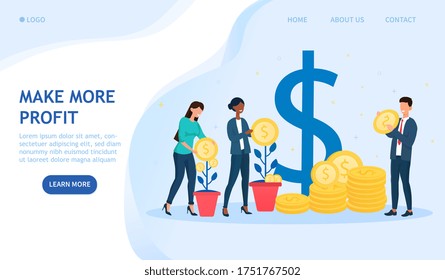 Make More Profit In Business Concept With Female Work Colleagues Watering Money Plants As A Businessman Stacks Gold Coins, Colored Vector Illustration