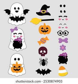 Hacer múltiples fantasmas lindos, Plantilla, Conjuntos lindos del fantasma de Halloween de encargo, Halloween, fantasma lindo