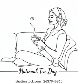 Make music day Single one line drawing woman sitting on sofa enjoying warm tea wearing headphones. Double pleasure makes more relaxing. Classical music. National Tea Day. Continuous line design.