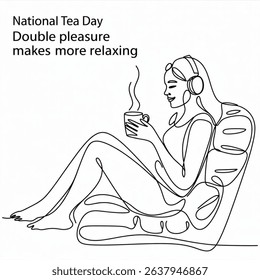 Make music day Single one line drawing woman sitting on sofa enjoying warm tea wearing headphones. Double pleasure makes more relaxing. Classical music. National Tea Day. Continuous line design.