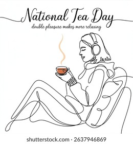 Make music day Single one line drawing woman sitting on sofa enjoying warm tea wearing headphones. Double pleasure makes more relaxing. Classical music. National Tea Day. Continuous line design.