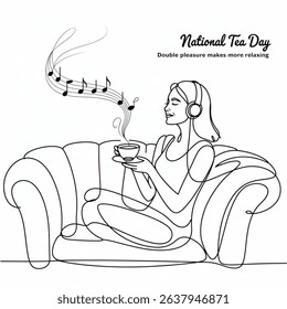 Make music day Single one line drawing woman sitting on sofa enjoying warm tea wearing headphones. Double pleasure makes more relaxing. Classical music. National Tea Day. Continuous line design.