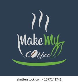 Make My Coffee Logo with Dark Bluish background with white color objects and green petal.