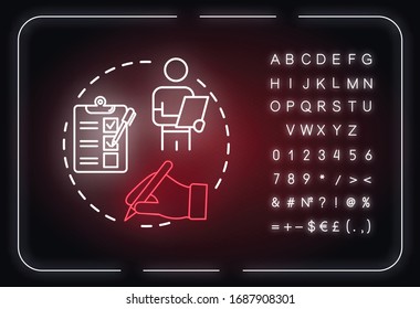 Make notes neon light concept icon. Degustation event, winetasting tips, sommelier advice idea. Outer glowing sign with alphabet, numbers and symbols. Vector isolated RGB color illustration
