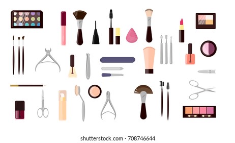 Make up objects set. Cosmetics and scissors, mirror and more.