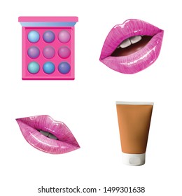 Make up objects. Vector Beauty cosmetic products. Lips, lipstick, eye shadows, eyeliner and concealer.