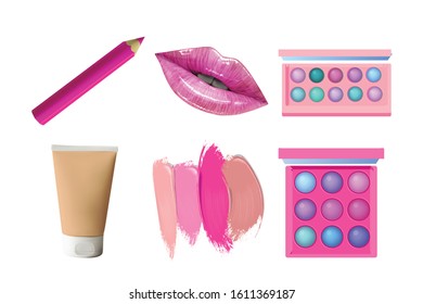 Make up objects. Vector Beauty cosmetic products. Lips, lipstick, eye shadows, eyeliner and concealer.