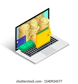 Make online money concept isometric. 3d gold coins stack, credit card, bill bundle, purse on laptop screen. Digital cash, internet banking, casino symbol for web, apps, design. Vector illustration