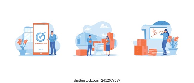 Realizar pagos en línea. Estoy confirmando pedidos y direcciones de clientes. Promover productos de negocios en casa. Concepto de confirmación de pedido. Establecer ilustración vectorial plana.