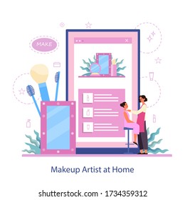 Make up online service. Home based make up artist. Visagiste doing makeup to a model at home. Isolated vector illustration