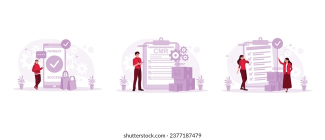 Make online transactions. Confirming delivery. Confirming orders by phone. Order Confirmation concept. Set Trend Modern vector flat illustration