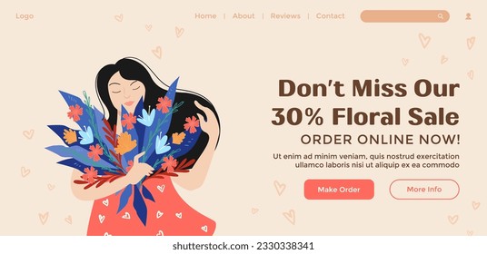 Make order on a floral sale, order online products. More info about flowers and bouquet decoration, girl with roses and leaves. Website landing page template, internet site. Vector in flat style