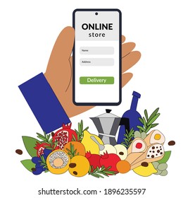 Bestellen Sie online. Eine Person hält ein Smartphone in der Hand und bestellt ein Internet in einem Online-Lebensmittelgeschäft, Restaurant. Verpflegungsdienst. Italien, Sizilien. Vektorgrafik