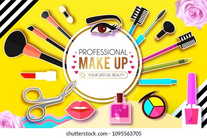 Make Up Paper Art Background. Cosmetics and Fashion Promotion Template. Lippstick, Bruches, Nail Polish, Eye Shadow Palettes, Perfume, Mascara, Rose and so on. Vector illustration