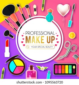 Make Up Paper Art Background. Cosmetics and Fashion Promotion Template. Lippstick, Bruches, Nail Polish, Eye Shadow Palettes, Perfume, Mascara, Rose and so on. Vector illustration