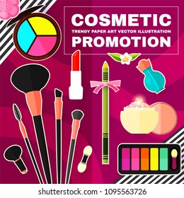 Make Up Paper Art Background. Cosmetics and Fashion Promotion Template. Lippstick, Bruches, Nail Polish, Eye Shadow Palettes, Perfume, Mascara, Heart Balloon, Flowers and so on. Vector illustration