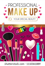 Make Up Paper Art Background. Cosmetics and Fashion Promotion Template. Lippstick, Bruches, Nail Polish, Eye Shadow Palettes, Perfume, Mascara, Heart Balloon, Flowers and so on. Vector illustration