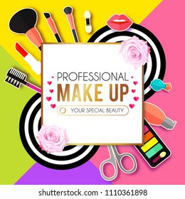 Make Up Paper Art Background. Cosmetics and Fashion Promotion Template. Lippstick, Bruches, Nail Polish, Eye Shadow Palettes, Perfume, Mascara, Rose and so on. Vector illustration